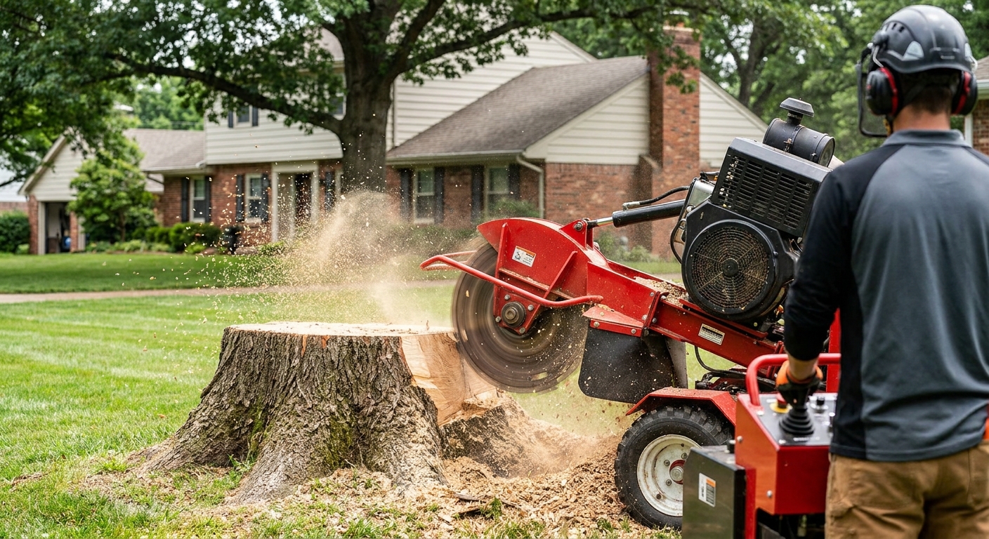 Stump grinder reducing a tree stump to mulch in a residential yard