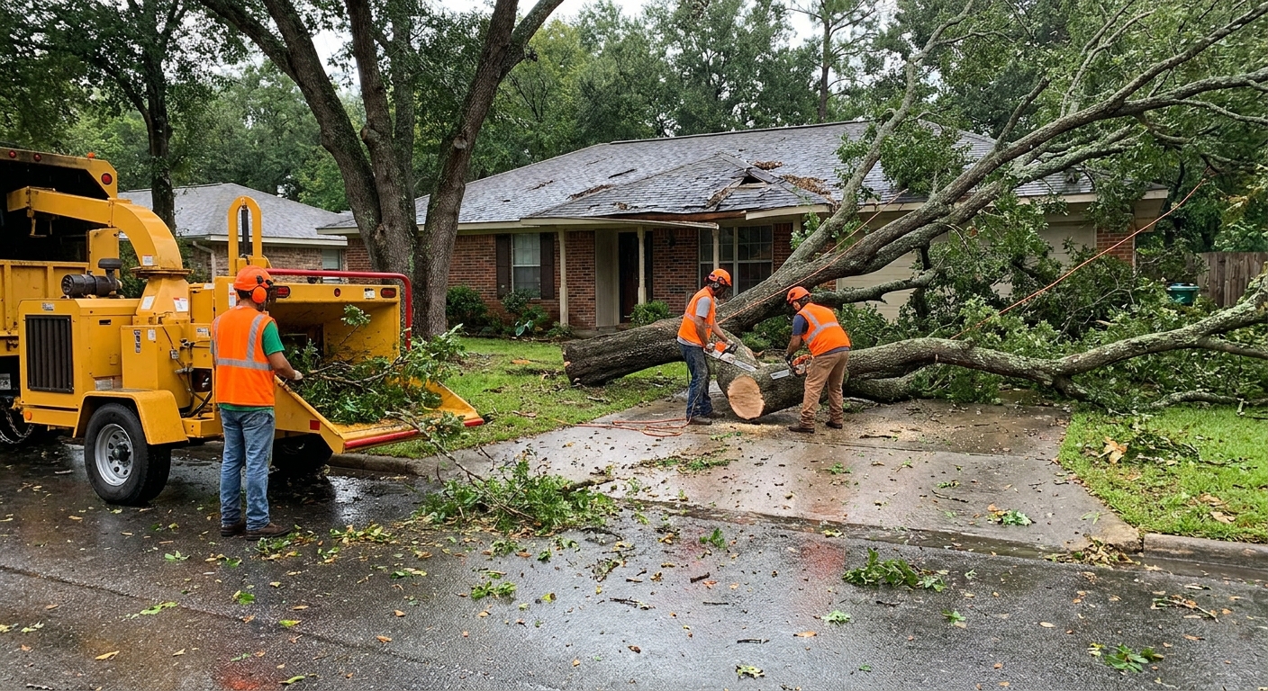 Crew cleaning up storm-damaged tree from a Park City Area home